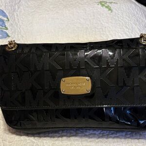 Michael Kors Black Patent Leather Shoulder Bag with Gold Plaque